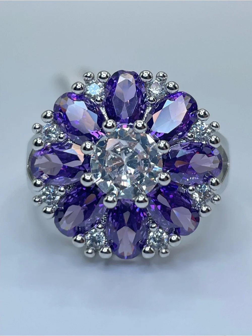 Swarovski Crystal Elements Purple White Crystal Floral Statement Ring Sz 7